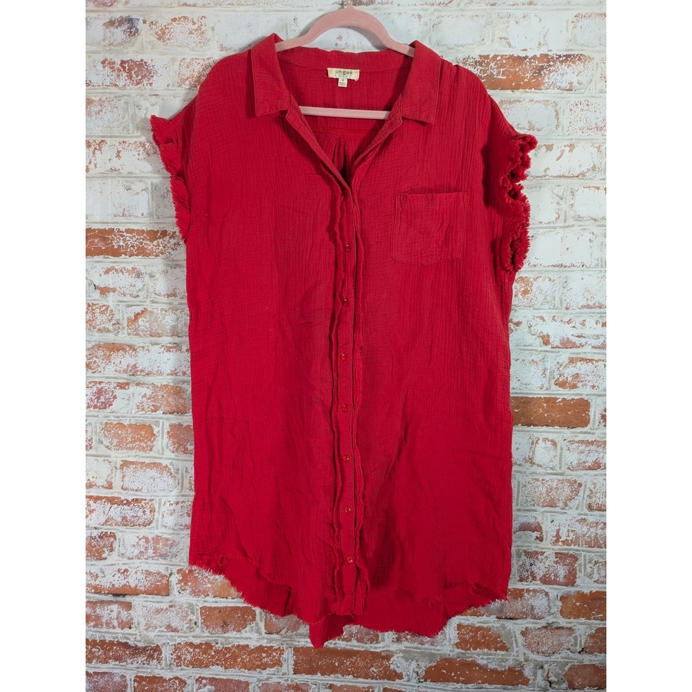 Umgee Gauze Button Down Shirt Womens M Red Frayed Raw Edge Bohoโ A6841